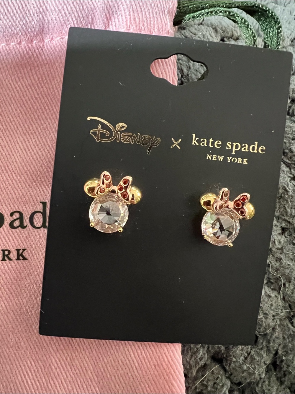 Disney x Kate Spade Minnie Mouse stud gold plated metal and CZ stones earrings.